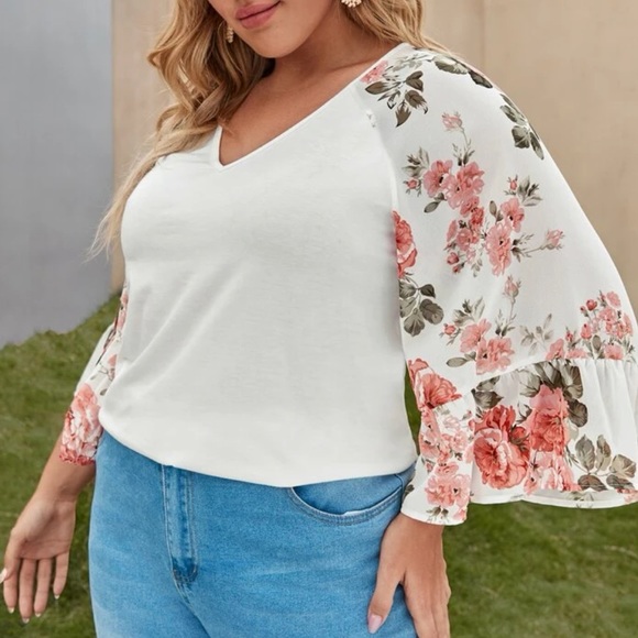 Boho black  V neck floral print sleeve blouse - Picture 7 of 16